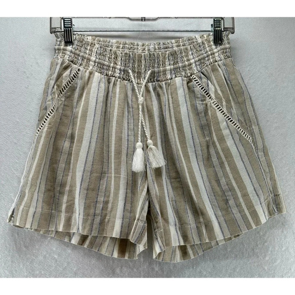 Briggs Shorts Womens Size S Striped Drawstring Tasseled Linen Blend Beige - Picture 1 of 10